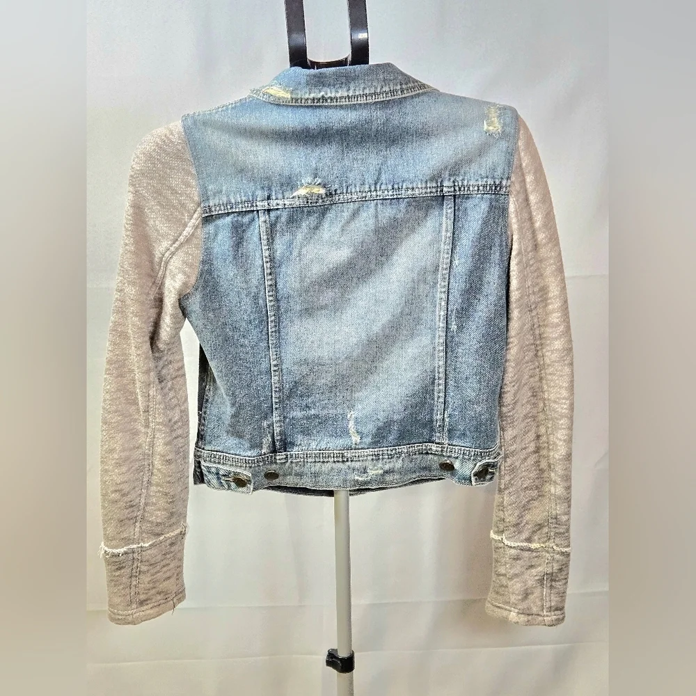 Free People Denim Knit Boho Soft Grunge Distressed Jean Jacket,‎ Small